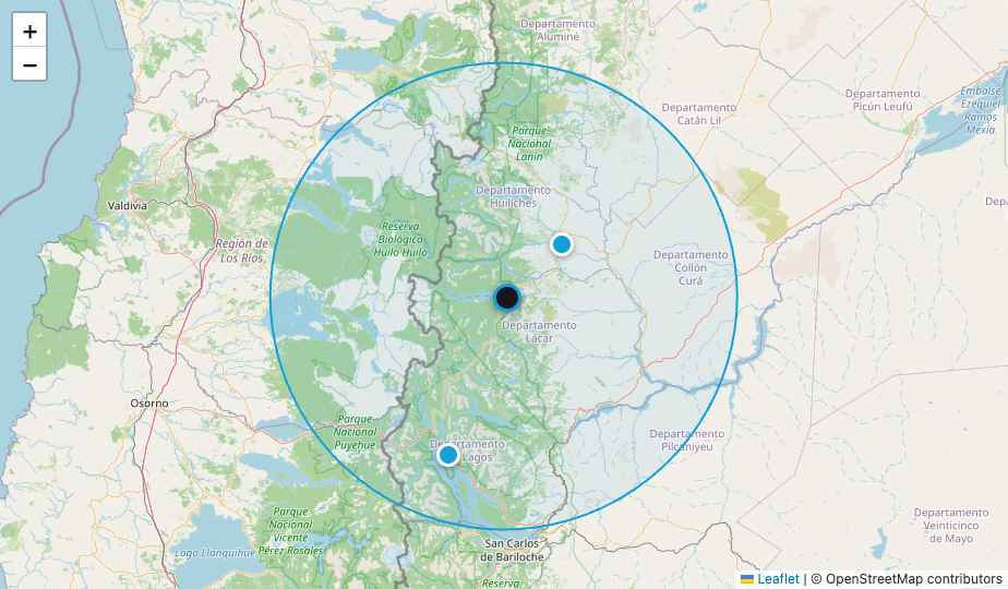 Zona de cobertura Trademato — 100km alrededor de San Martín de los Andes
